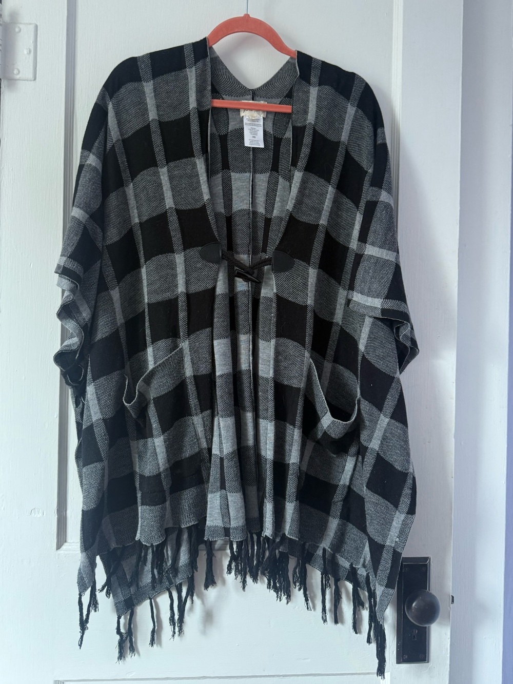 Jolt Black and Gray Plaid Fringe Poncho